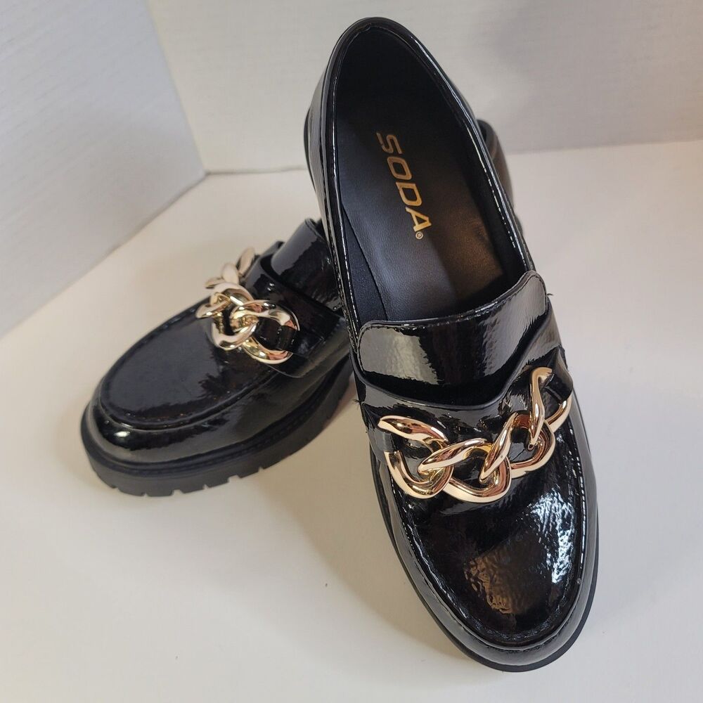 SODA Black Patent Chain Loafers Lug Sole Chunky Gold Hardware Sz 7